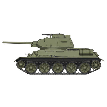 Side view of a green military t-34 tank isolated on a transparent background