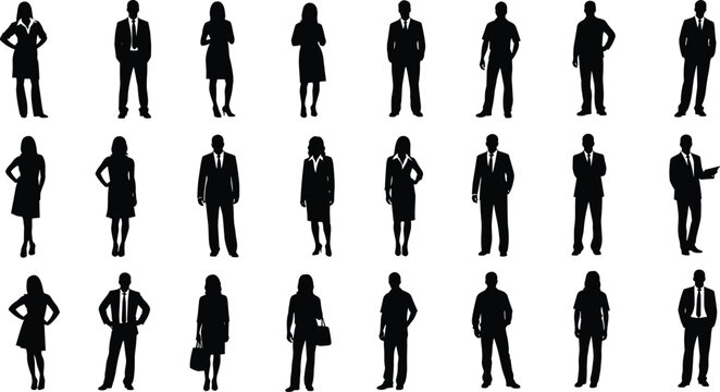 Business professional silhouette set featuring diverse men and women in corporate suits plus office workers standing in various formal poses