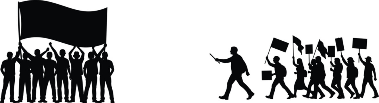 Protest crowd silhouettes, people holding banners and marching together isolated on white background, activism demonstration social movement concept illustration