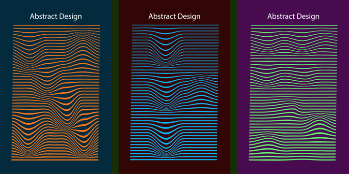 Abstract design poster set with wavy line patterns, psychedelic optical illusion backgrounds, 3 vector templates with distorted geometric stripes