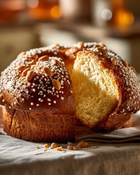 Traditional Italian colomba cake with almonds and pearl sugar
