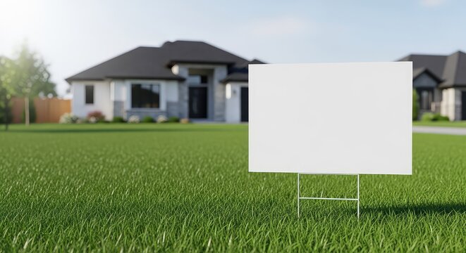 A blank white yard sign stands firmly on a lush green lawn in front of a modern residential suburban house under bright daylight sunlight, green, investment, lawn