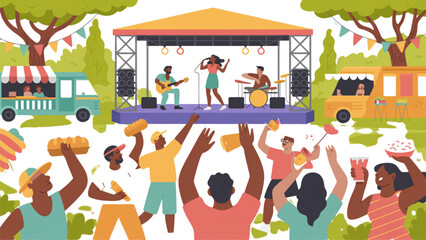 Diverse group of people celebrating with raised hands under colorful tent Vector © MST AKHLIMA 