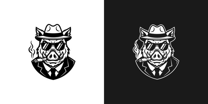 Stylized boar wearing hat sunglasses smoking cigar monochrome illustration