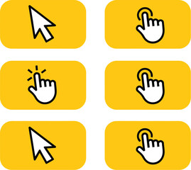 Fototapeta premium Yellow buttons with clicking hand or arrow pointer set, click here vector template collection for web UI, call-to-action design, interactive interface and digital marketing elements.