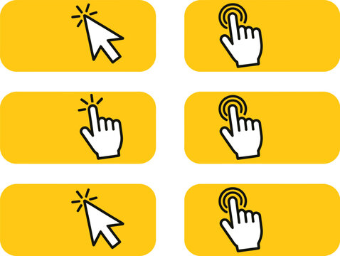 Yellow buttons with clicking hand or arrow pointer set, click here vector template collection for web UI, call-to-action design, interactive interface and digital marketing elements.