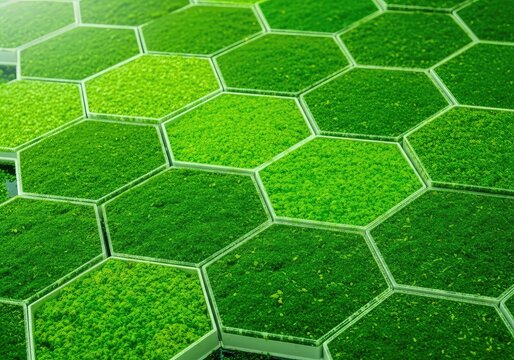A detailed close-up of a sustainable modular algae farm showing a geometric hexagonal grid filled with vibrant green aquatic plants and water, water, production, algae