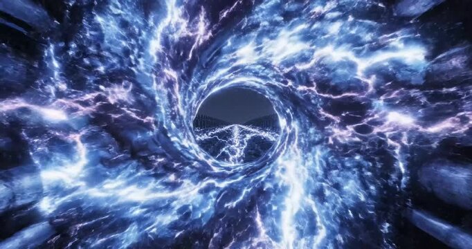 Electric energy surges through a futuristic tunnel filled with pipes, creating a vibrant atmosphere