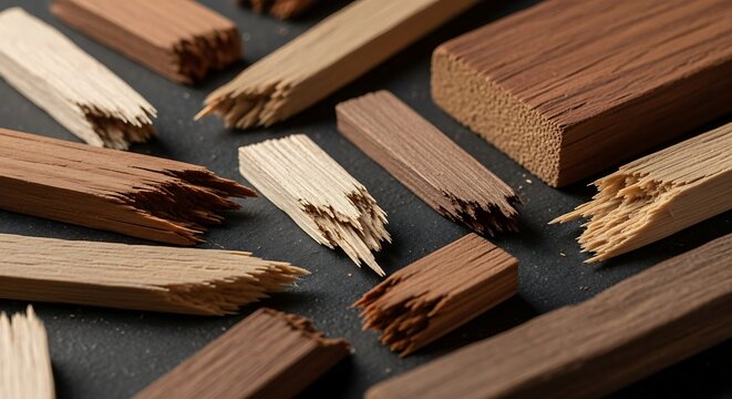 Close-up view of various splintered wooden blocks and pieces on a dark surface