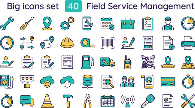 Field service management icon set color editable stroke collection maintenance repair logistics workforce tools symbols for web UI applications