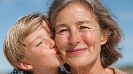 Fototapeta premium Joyful little boy gives his smiling grandmother a sweet kiss on the cheek outdoors