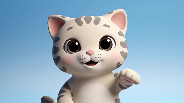 Cute 3D Animated Cat Character Waving Paw Blue Background