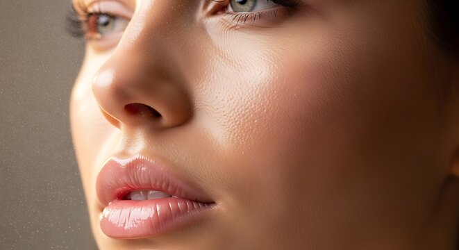 Close-up, soft focus on a woman's face, highlighting lips, nose, and eye