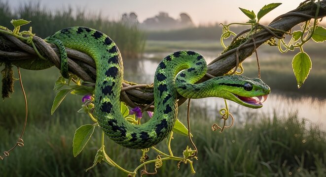 Atheris Nitschei Climbing Twisted Vine in Wetland Meadow &ndash; Photorealistic Macro Detail with Dynamic Body Arch and Fangs