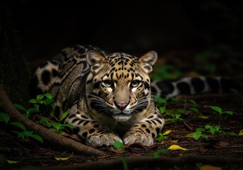 Obraz premium A rare nocturnal feline with distinct spots and dark stripes blends into the shadows of a humid tropical forest floor during the twilight, dense, trees, damp
