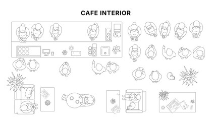 Fototapeta na wymiar Top view architectural drawing of cafe interior with barista, customers and seating layout, floor plan style with furniture and people in clean minimal line illustration