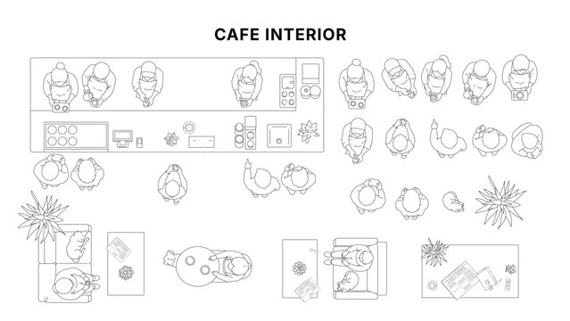 Top view architectural drawing of cafe interior with barista, customers and seating layout, floor plan style with furniture and people in clean minimal line illustration