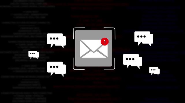 Digital email notification with emerging chat bubble symbols on a dark cyber security background, representing global network communication, data transfer, messaging systems, and modern tech