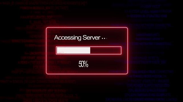 Digital cyber security interface featuring an accessing server progress bar with glowing red neon ui and scrolling background, binary code data, streams for advanced, technology and network concepts