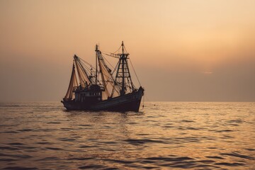 Obraz premium Fishing boat with nets at sea golden hour
