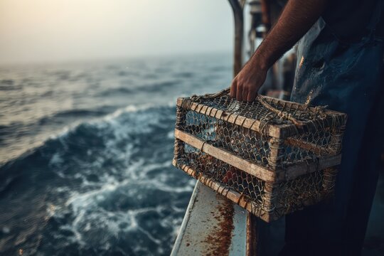 Fisherman holding lobster trap on commercial boat deck