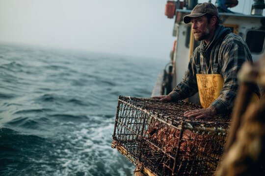 Commercial fishing boat worker with large lobster trap