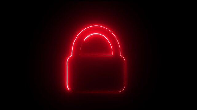 Glowing red neon padlock pulsing on dark background, digital security concept for cybersecurity, data protection, privacy, encryption, internet safety, and secure login systems animation