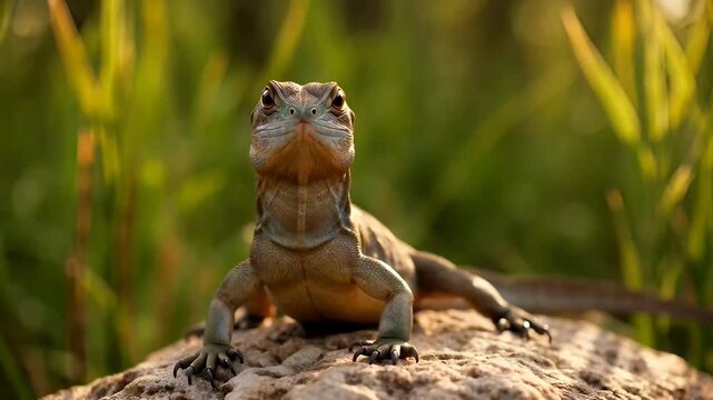 Close up portrait of a lizard basking on a rock in golden sunlight