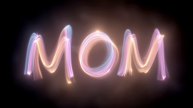 Light painting of the word MOM in colorful glowing letters against a dark background, showcasing vibrant hues and a soft, ethereal glow