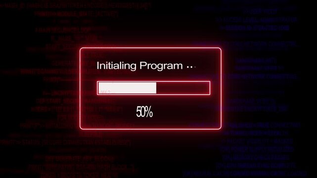Advanced cyber security system interface featuring a dynamic red loading progress bar and complex scrolling binary code background, for high-tech software, development, digital encryption, and