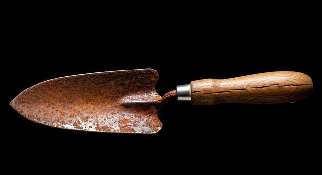An antique gardening trowel featuring a heavily rusted metal blade and a weathered wooden handle, isolated against a solid black background, dark, old, toolroom