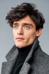 Fototapeta premium Young man with tousled dark hair wearing a black turtleneck and gray coat poses against a neutral background, showcasing a modern fashion style and confident expression
