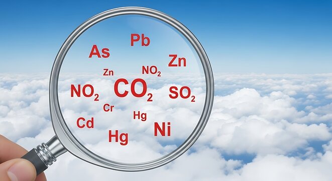Air pollution concept with magnifying glass over clouds