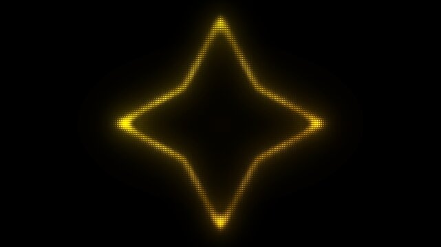 Glowing Golden Four-Pointed Star Frame, Digital Dot Particles on Dark Background, Glowing Dot Grid Geometric Shape Border