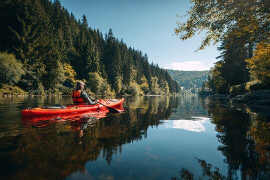 Kayak with paddler on calm forest river