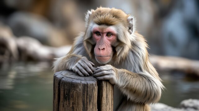 Thoughtful old world monkey hugging wooden post in natural zoo habitat