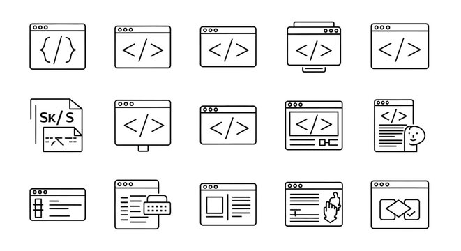 Web development coding and programming browser outline icons