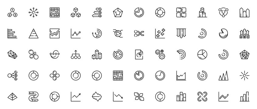 Infographic elements icon set. Vector charts and diagrams collection. Includes pie, bar, line charts, pyramid, radar, connections and more. Editable thin line icons.