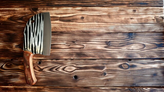 Sharp kitchen knife rests on wooden table showing grain patterns in sunlight