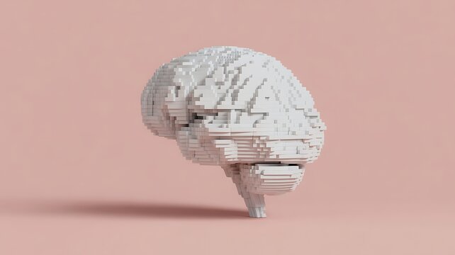 Creative brain shape made of white plastic blocks on pastel background symbolizing innovation, learning and modern technology.