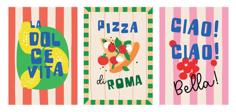 Italian pizza, lemon, food illustration, set of modern, hand drawn posters, cards, kitchen decorations, wall decor, print, creative vector illustration 