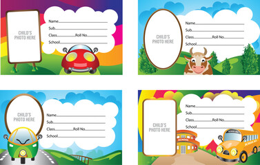 Set of colorful school name slips with cute cartoon vehicles and animals © hamza