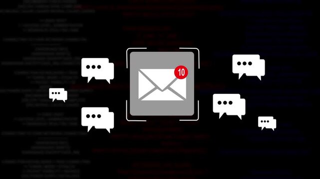 Digital communication concept featuring animated email notification with ten unread messages and floating chat bubble symbols against a dark technical background, with scrolling system