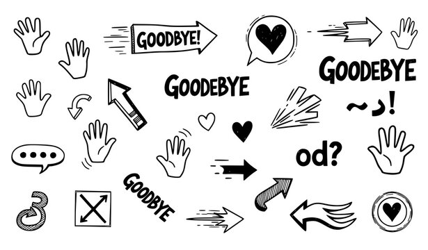 Hand drawn goodbye doodle icons with waving hands farewell text and expressive cartoon elements