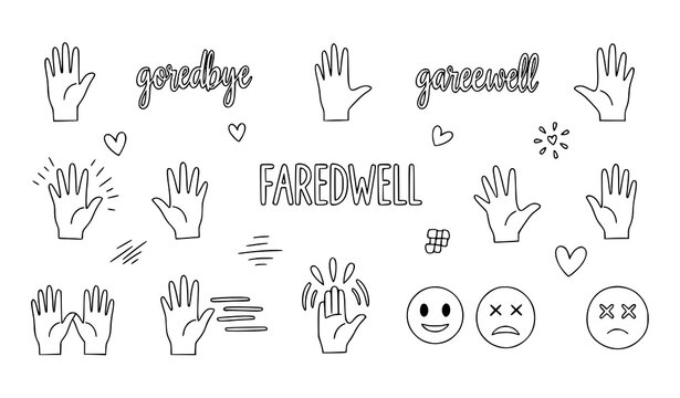 Minimal hand drawn goodbye icon vector set with waving hands farewell symbols and doodle elements