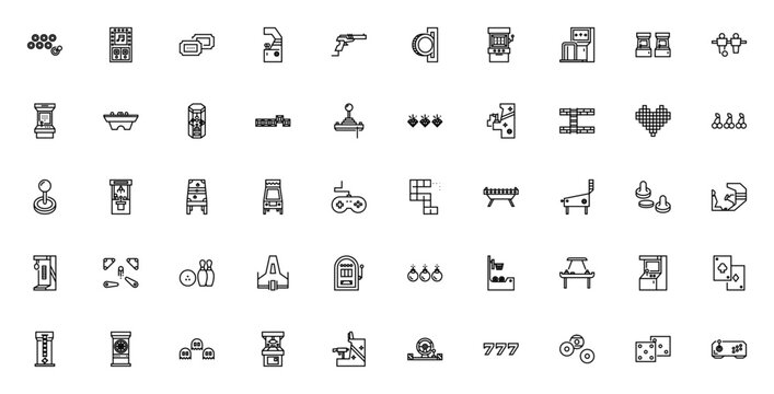 Arcade icon set. Vector game icons collection. Featuring pinball, slot machine, poker, karaoke, racing, basketball, shooter, joystick and more. Editable stroke.
