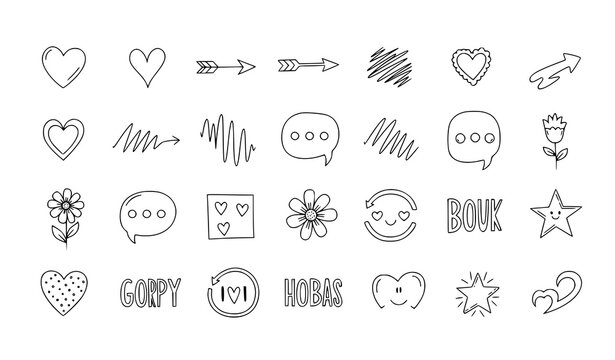 Cute hand drawn doodle elements vector set with hearts arrows speech bubbles and decorative icons