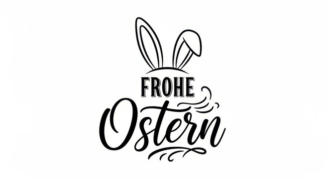 Frohe ostern lettering with bunny ears, easter greeting card design, black and white vector illustration