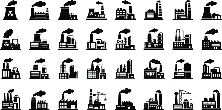 Large Collection of Industrial Factory Icons and Power Plant Vector Silhouettes Representing Manufacturing Energy Production and Heavy Industry Infrastructure for Business Design