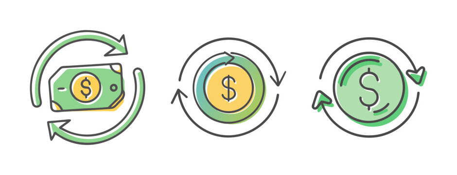 Icons showing refund and money exchange with arrows, cash, and coins in green and yellow.
